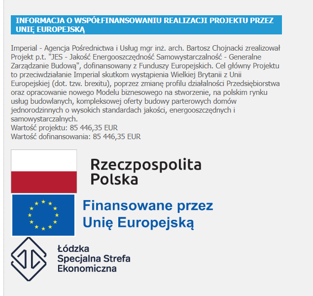 Informacja o dofinansowaniu projektu JES ze środków Unii Europejskiej oraz logotypy Rzeczypospolitej Polskiej, Unii Europejskiej i Łódzkiej Specjalnej Strefy Ekonomicznej